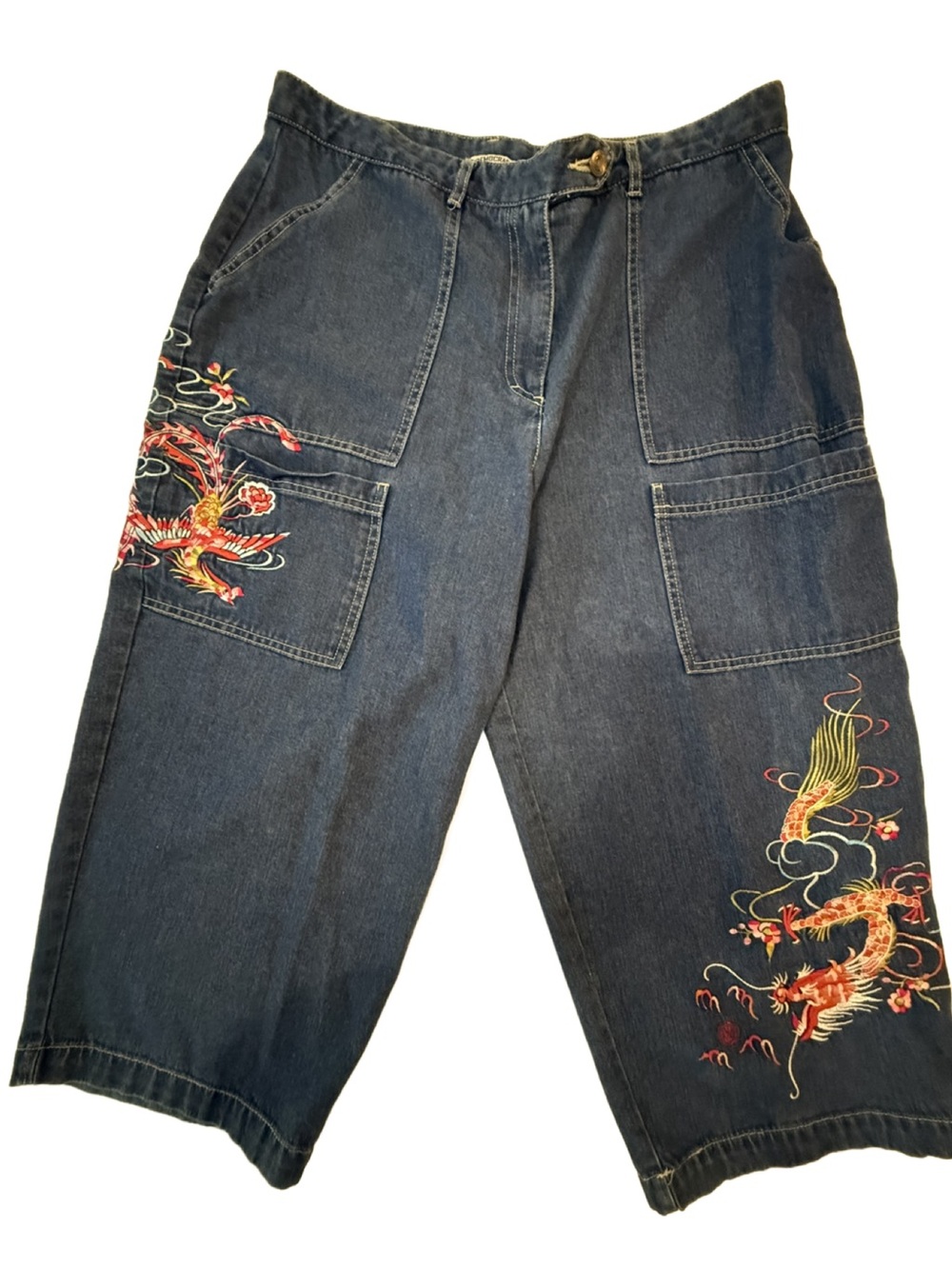 Vintage Democracy Art To Wear Embroidered Dragon Phoenix Wide Leg Crop Jeans 16X